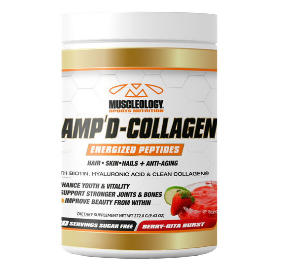 Amp’d Collagen peptides supplement – front view – Muscleology”
Bottle back	