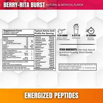 AMP'D Collagen supplement facts – Bovine collagen peptides, vitamin C, hyaluronic acid, caffeine, amino acid profile