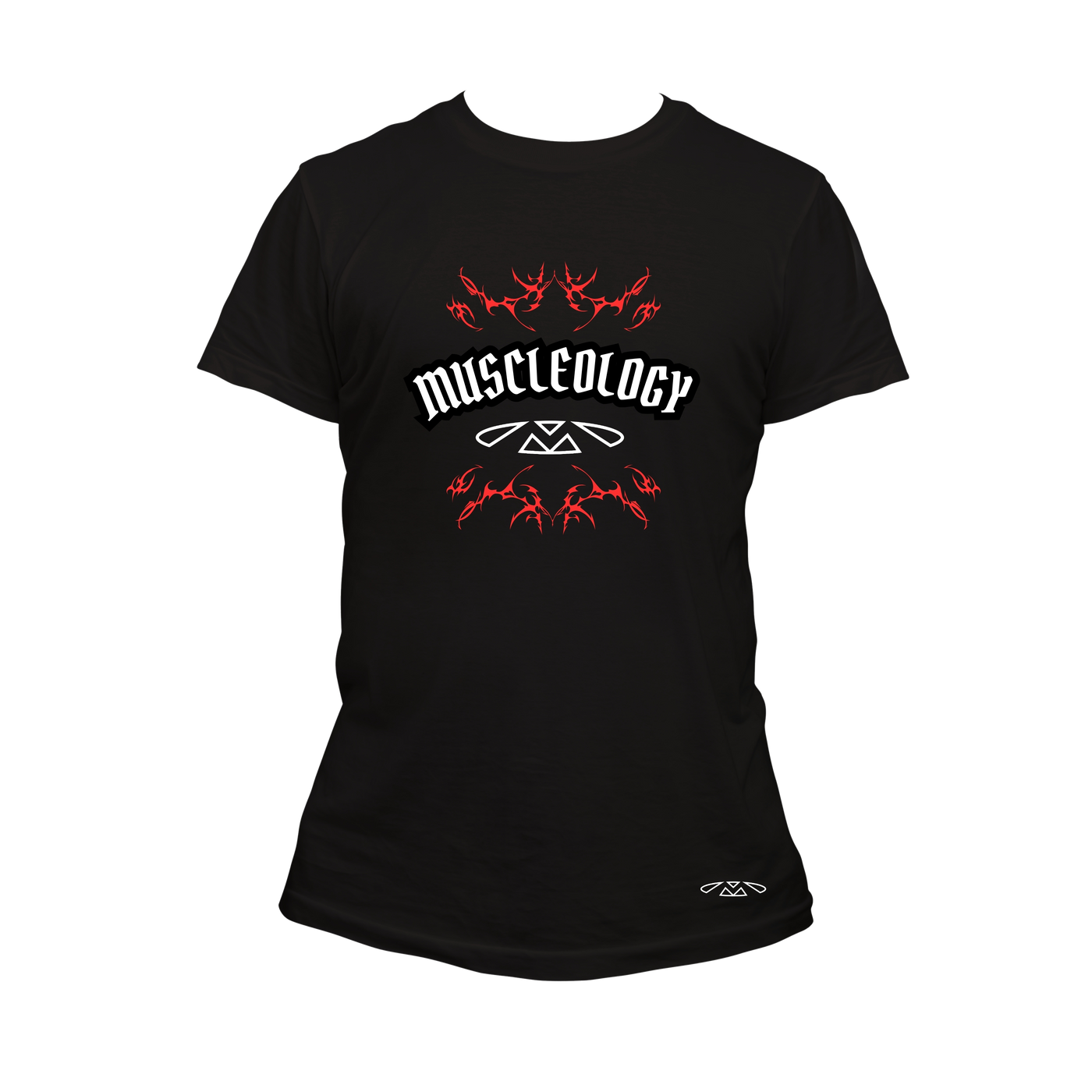 Muscleology Tribal Graphic T-Shirt - Black with Bold Orange & White Design